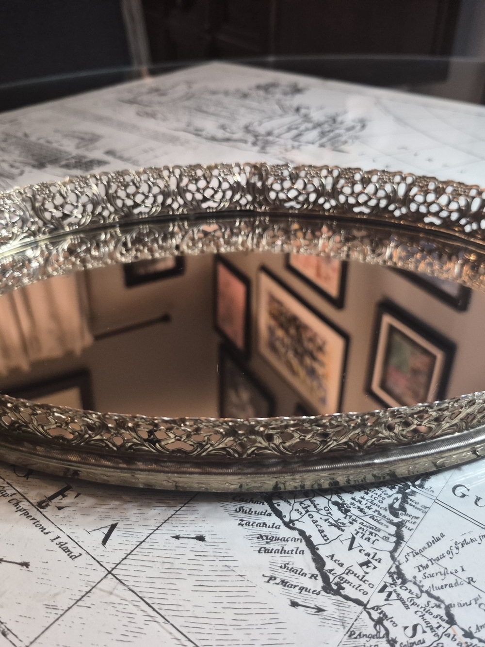 Stanley Silver Ornate Filigree Oval Vanity Tray Mirror - Picture 2 of 6